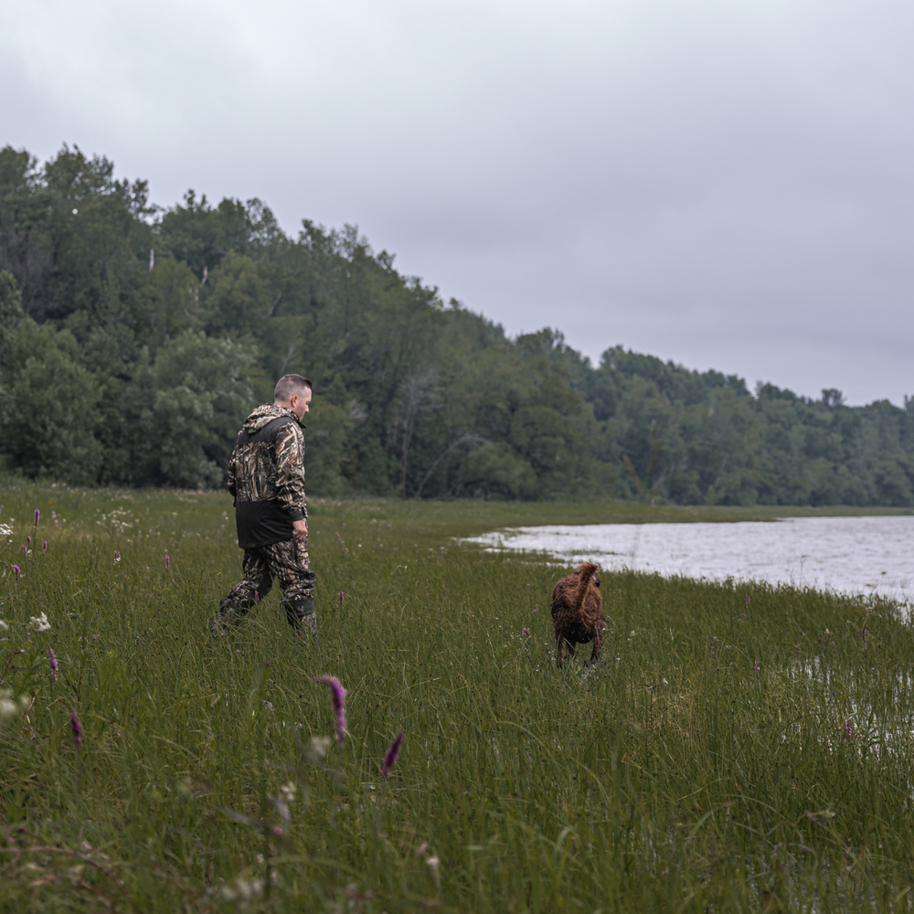 Chasseur et son chien dans un marais au bord d'un lac, pour la chasse à la sauvagine